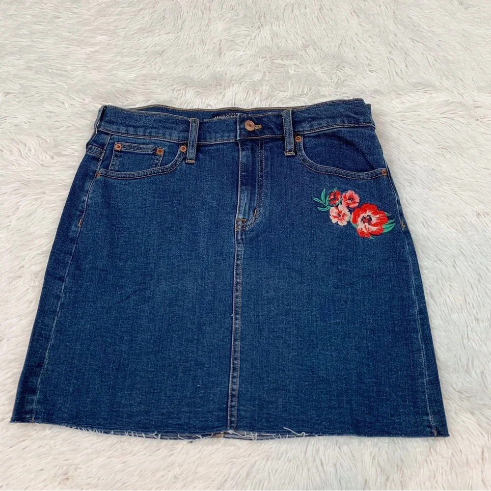 J‎ Crew Raw edge floral embroidered denim a-line mini skirt in blue